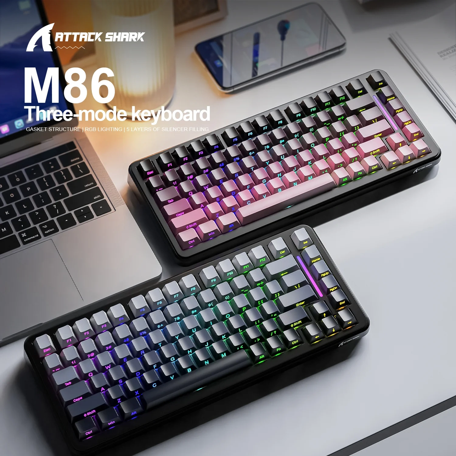 Attack Shark M86 White бездротова ігрова механічна клавіатура: RGB-підсвітка й індикатор справа