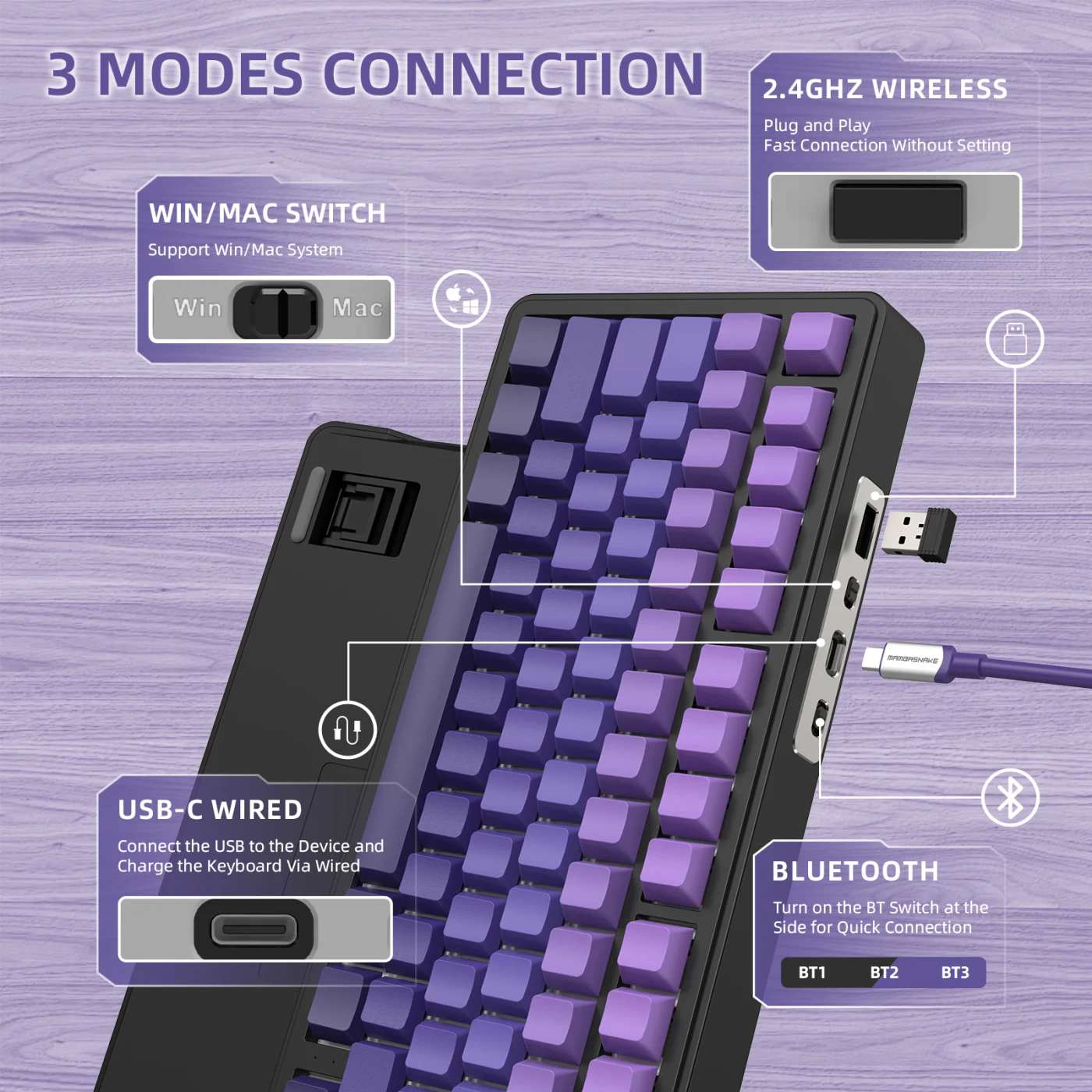 Attack Shark X85 Gradient Purple бездротова механічна клавіатура 75%: Підключення Attack Shark X85 до ПК, Mac і мобільних