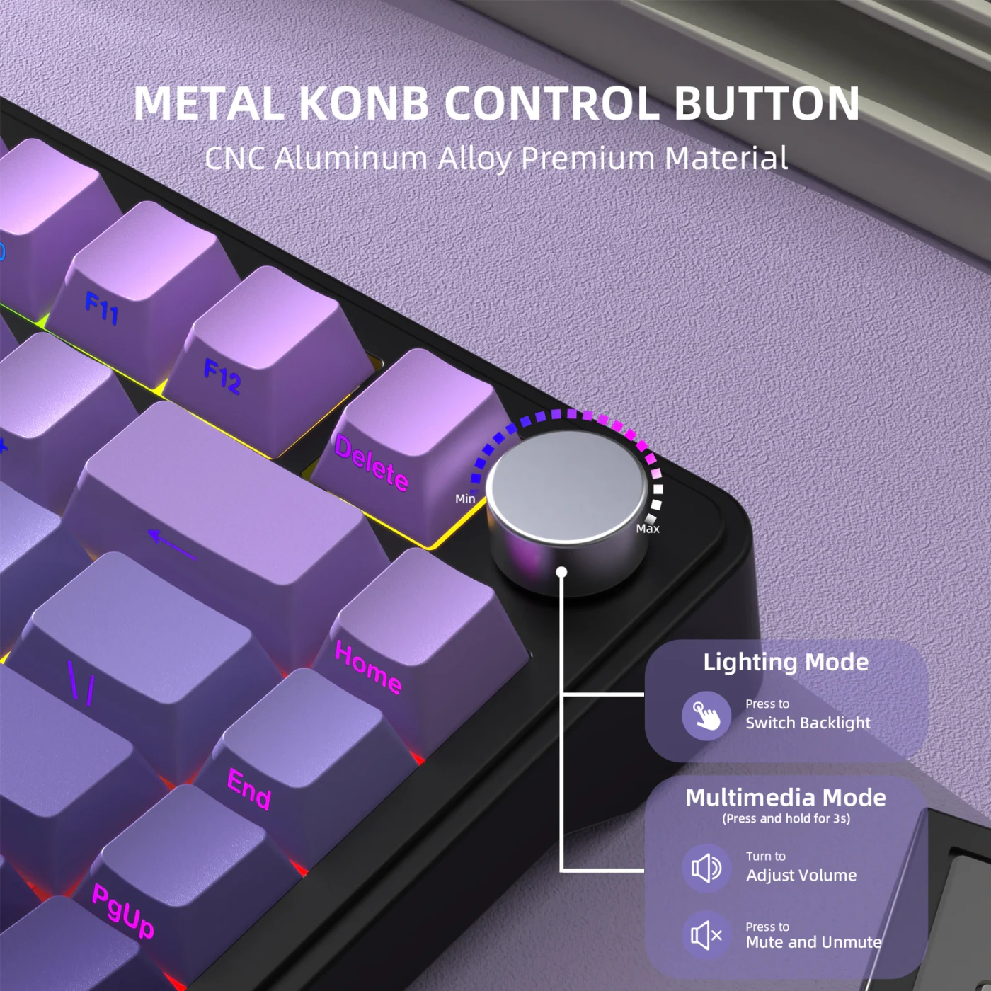 Attack Shark X85 Gradient Purple бездротова механічна клавіатура 75%: Регулятор X85 для звуку й RGB