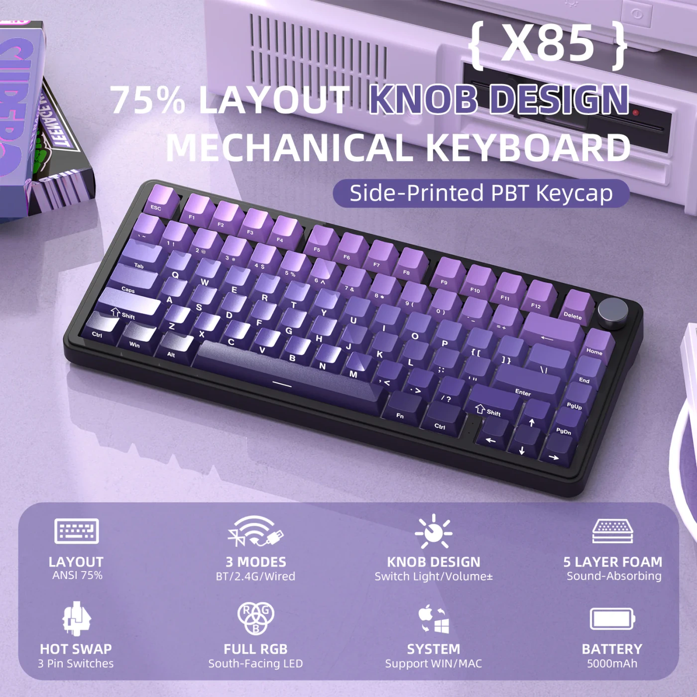 Attack Shark X85 Gradient Purple бездротова механічна клавіатура 75%: Attack Shark X85 Gradient Purple 75%