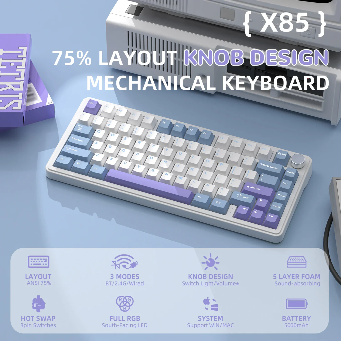 Attack Shark X85 White Purple бездротова механічна клавіатура 75%: Attack Shark X85 White Purple для світлого сетапу