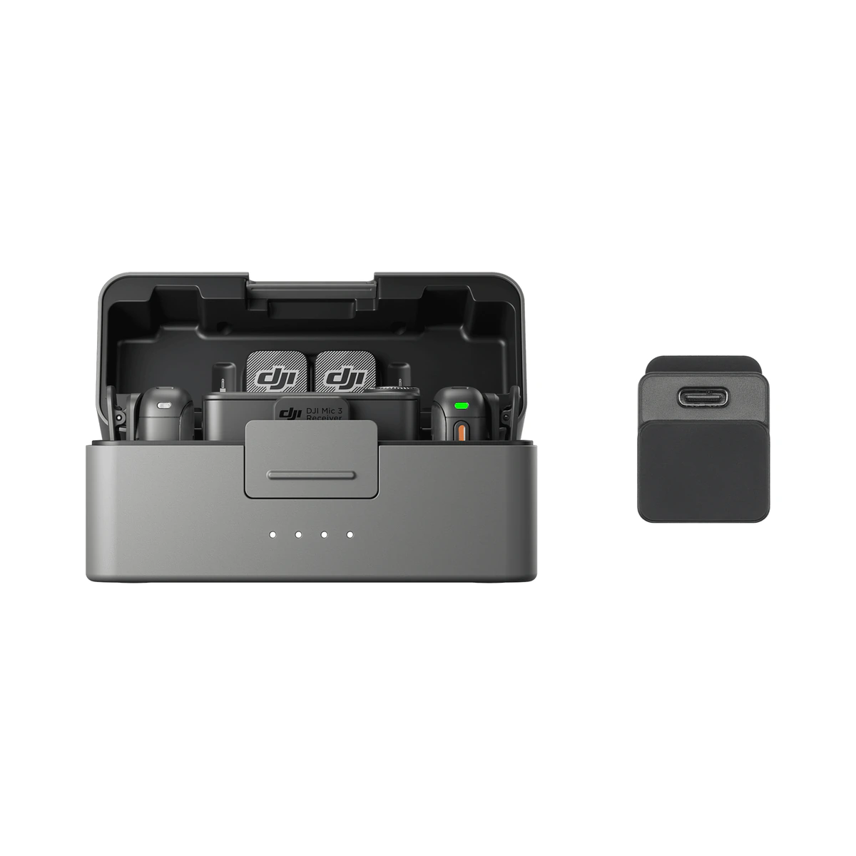 DJI Mic 3 (2 TX + 1 RX + Charging Case + Camera Adapter) бездротова мікрофонна система на білому фоні